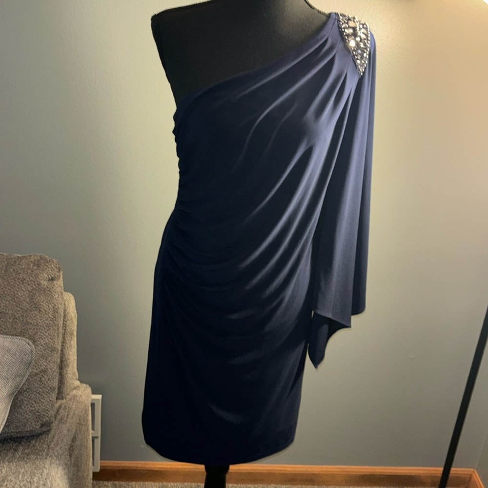 Navy blue one shoulder dress with detail